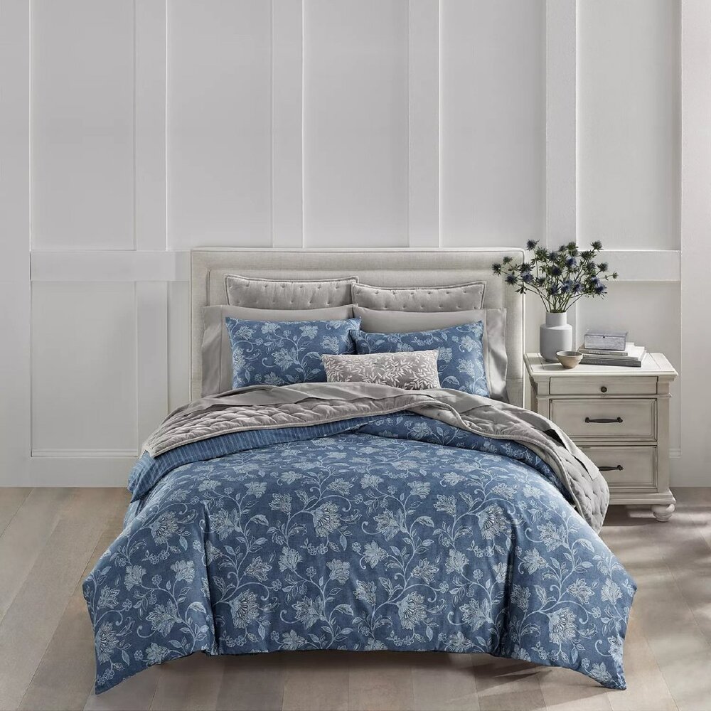 BLUE 3-Pc Set Charter Club Azure Jacobean Duvet Cover KING Duvet Cover & 2 Shams